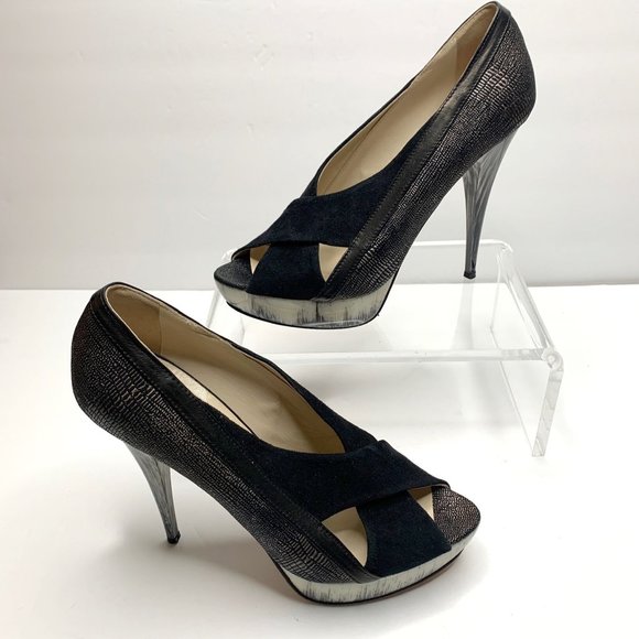 ANGELEIGH ANASTASIO Black Leather Peep Toe Platform Stiletto Sz 8 - Picture 1 of 9